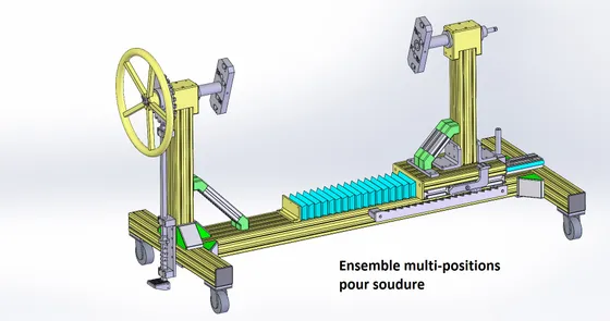Rendu 3D d'un ensemble multi-positions pour soudure, sur roulettes, avec volant de manœuvre