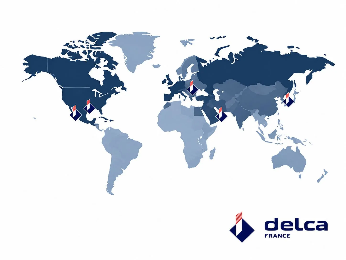 Carte du monde des partenariats de Delca France : Amérique du Nord, Mexique et Arabie saoudite